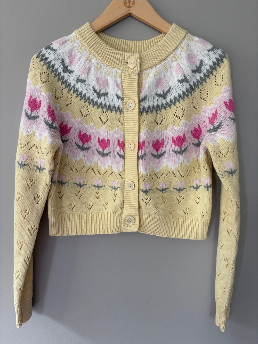 Cottagecore Tulip Pointelle Cardigan Floral Size XS Pale Yellow Fair Isle NWT‎